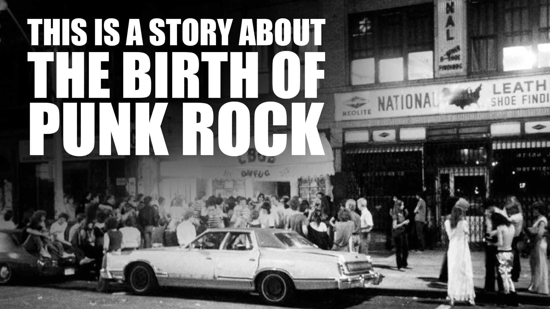 A black and white street photograph with the title This is a story about the birth of punk rock.