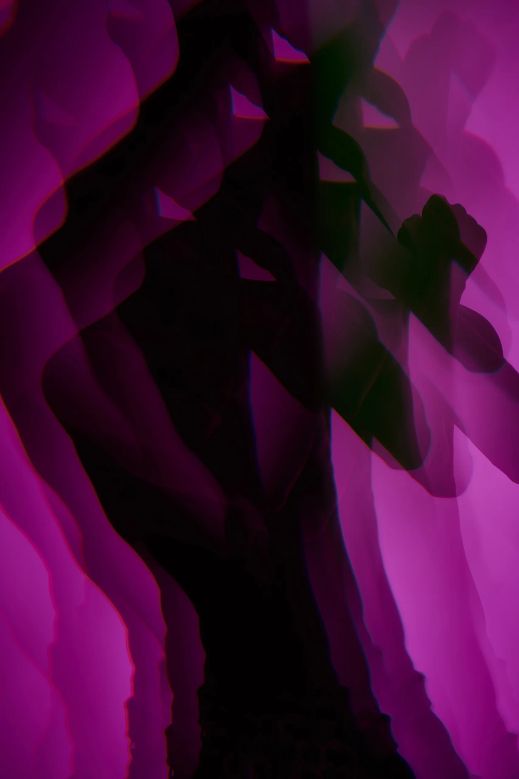 Overlapping dark silhouettes with bent arms against a magenta background.