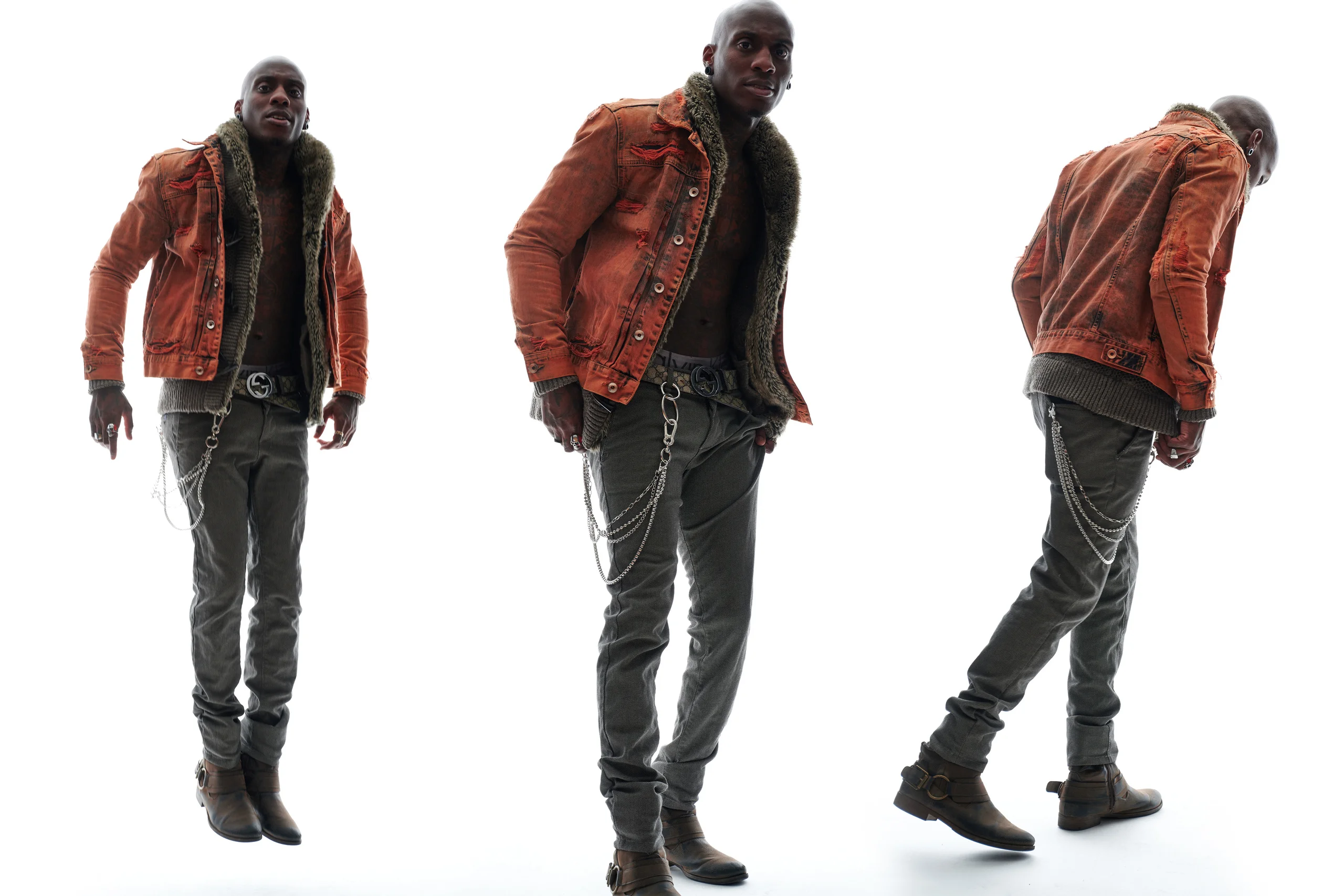 Three overlapping full-length views of a model in an orange jacket against white.