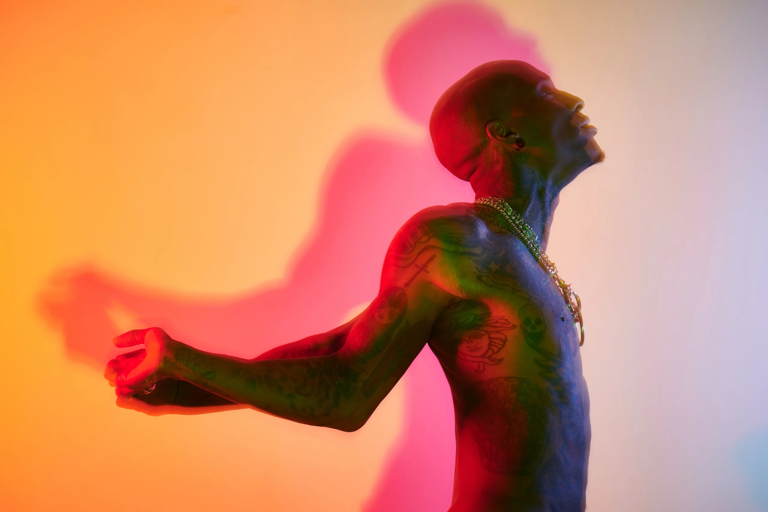 A bare-chested figure with an outstretched arm and head tilted back, casting a pink shadow.