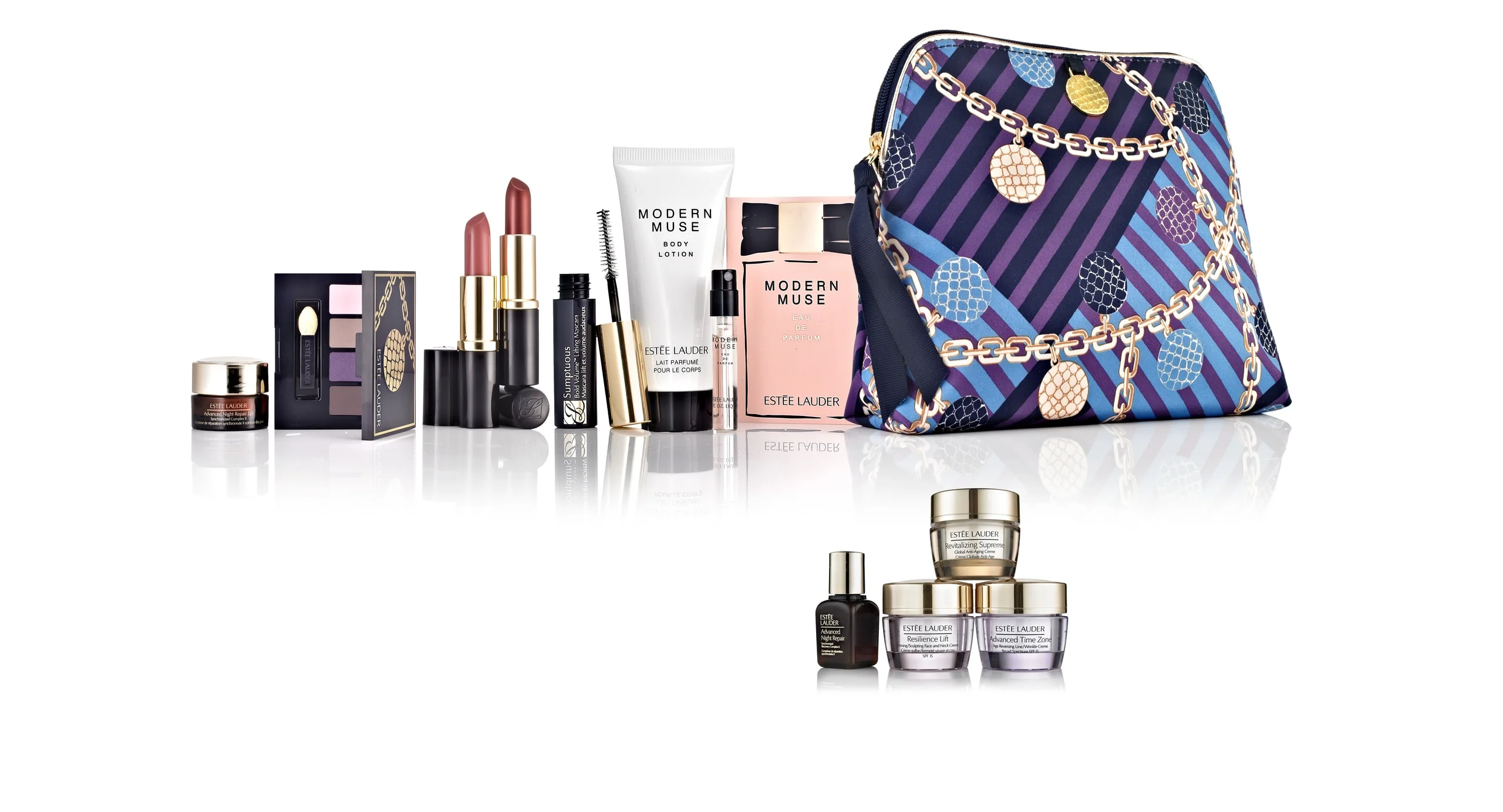 Estée Lauder makeup, Modern Muse fragrance and skincare arranged beside a patterned cosmetics bag on a reflective white surface.