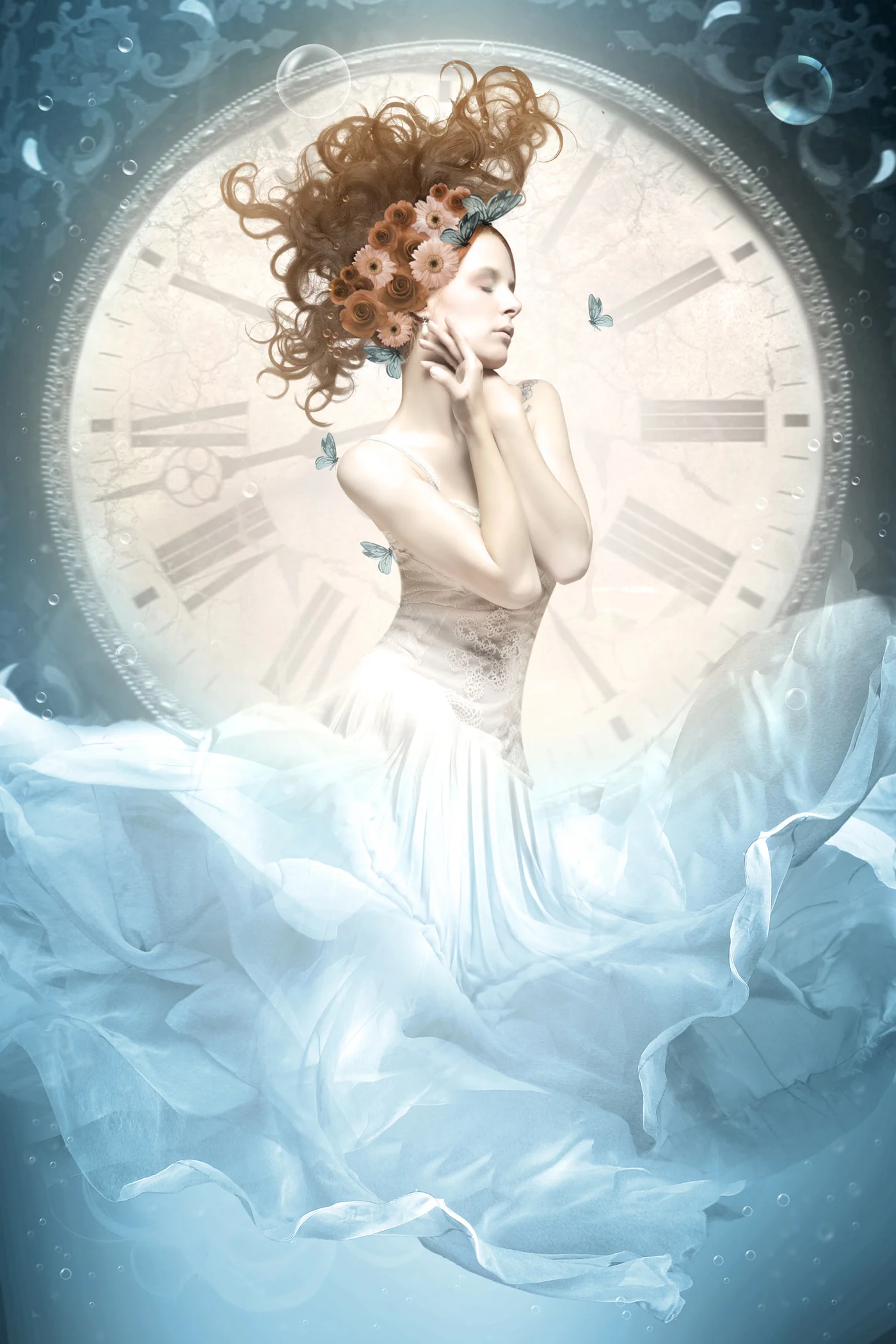 A photographic composite of a woman in flowing pale blue fabric before a large clock face.