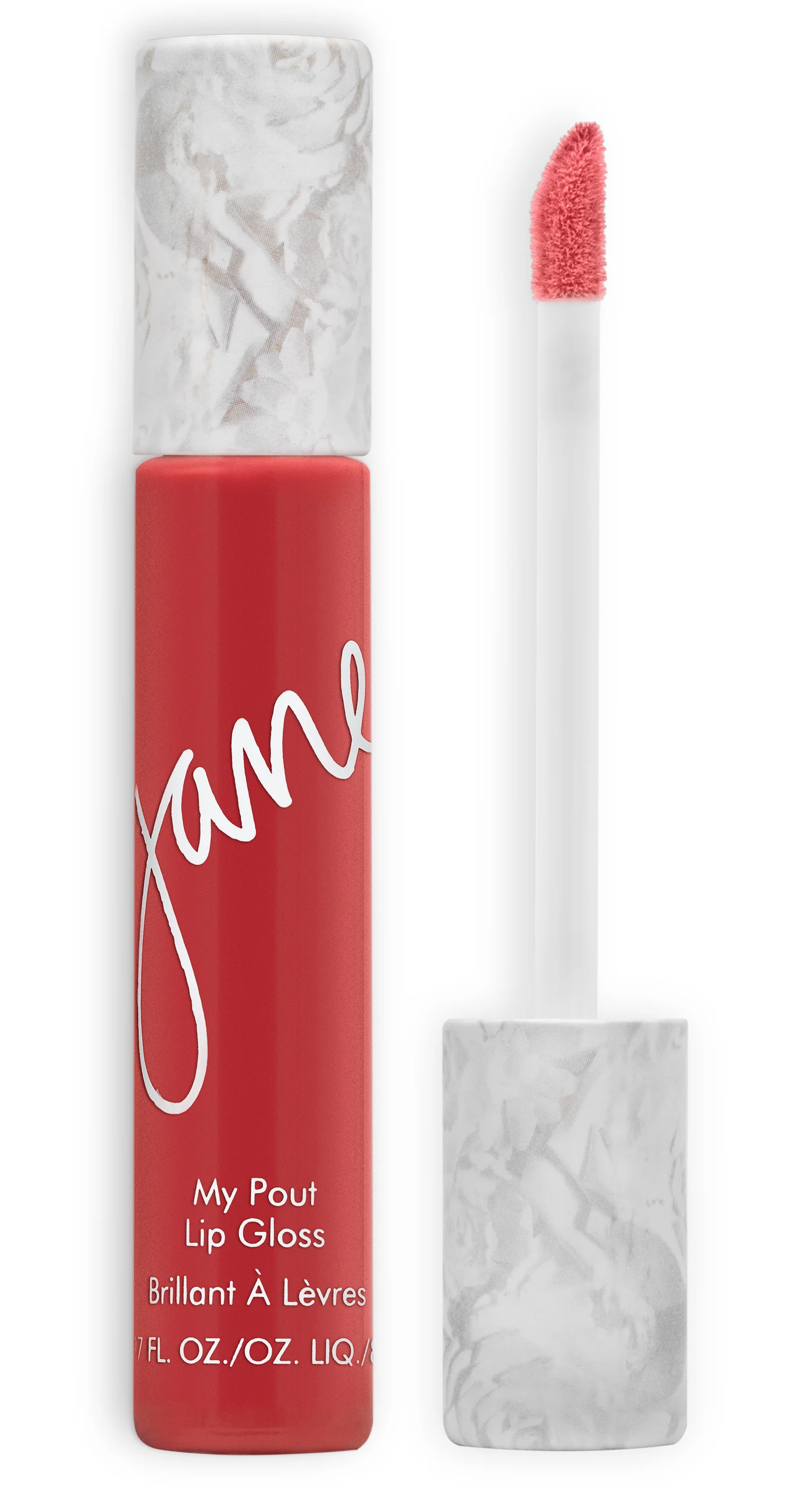 Red Jane lip gloss with its applicator against white.