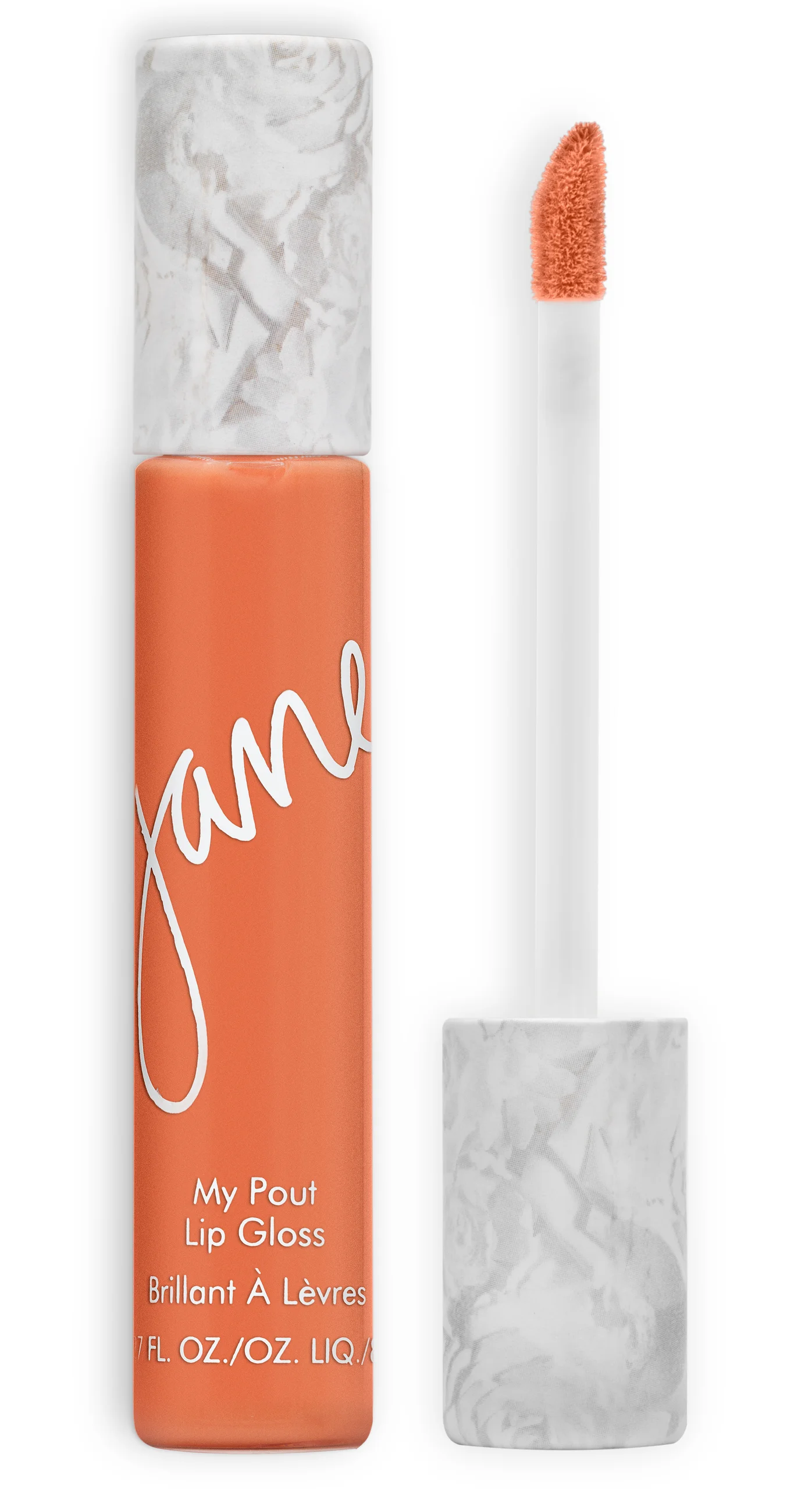 Orange Jane lip gloss with its applicator against white.