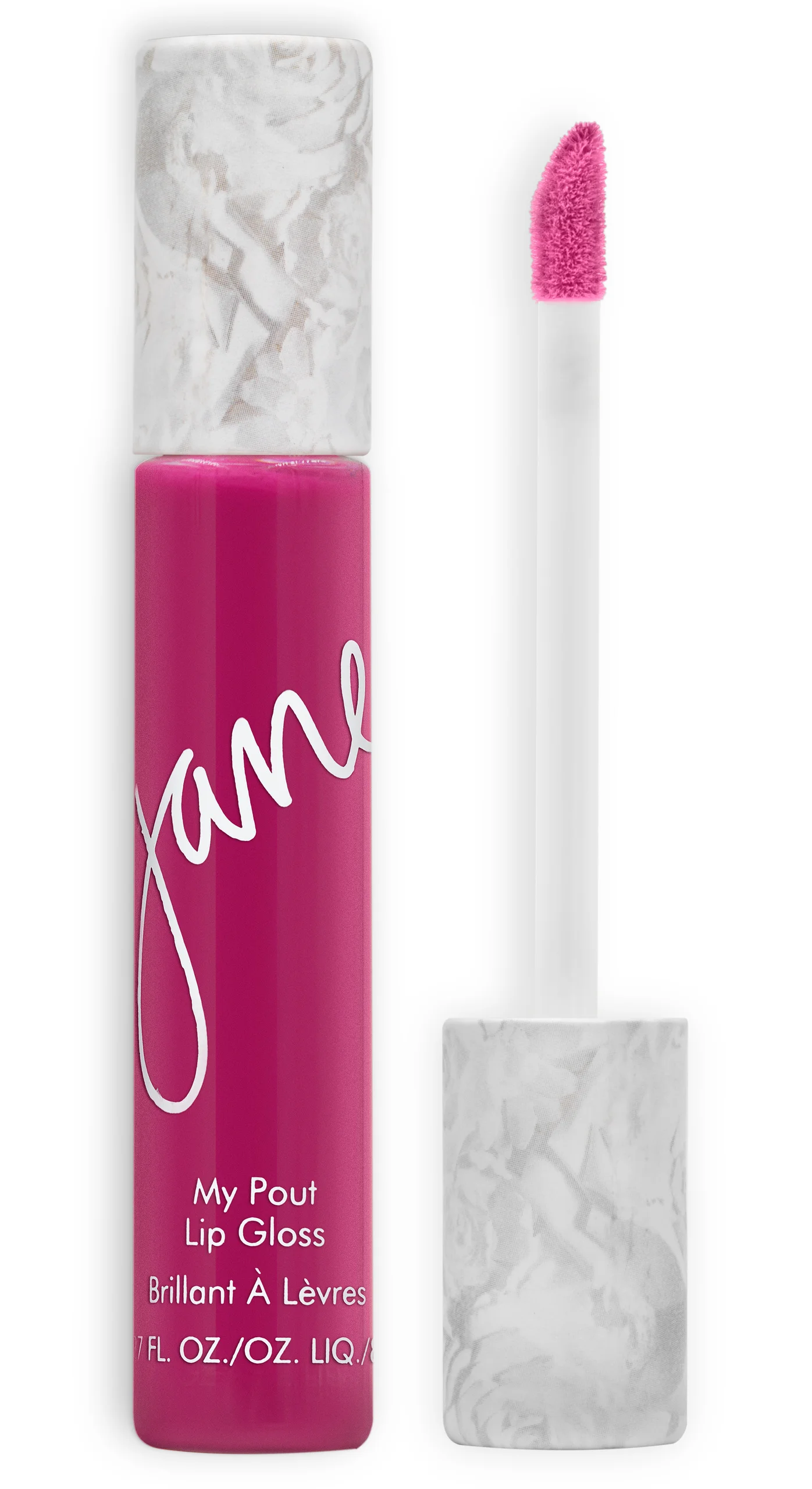 Bright pink Jane lip gloss with its applicator against white.