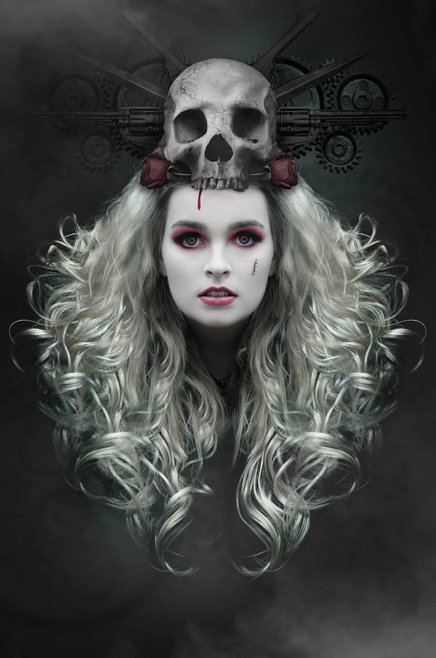 A dark photographic composite of a blonde woman wearing a skull headdress surrounded by weapons.
