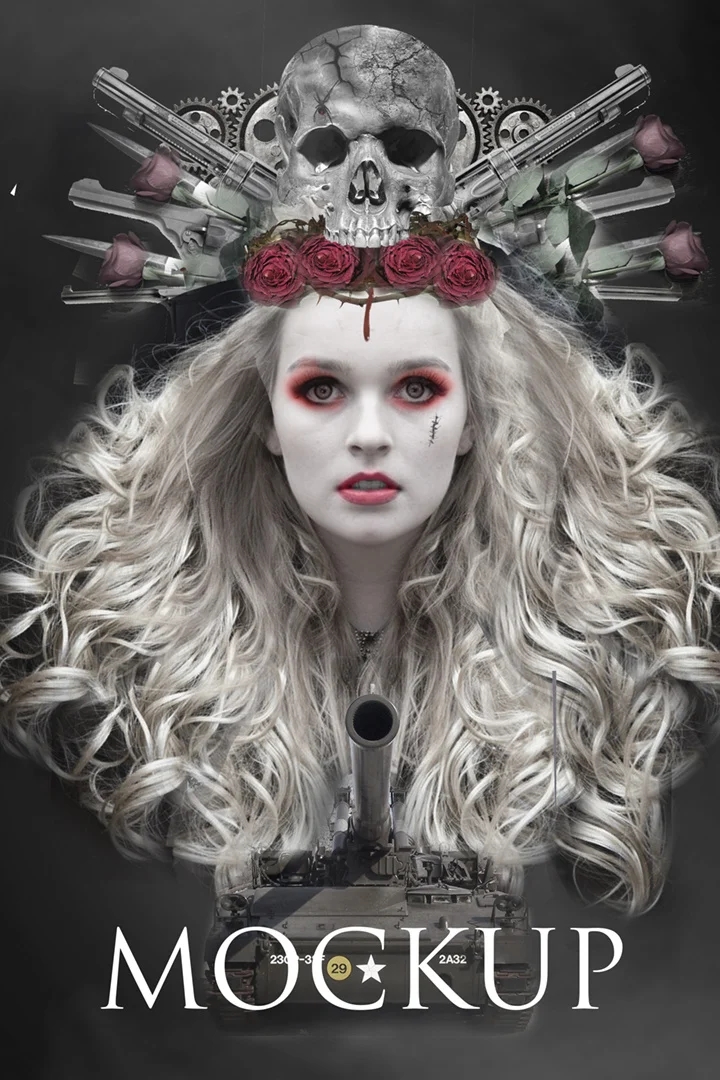 An early Lady of War mockup with a skull, weapons, and roses above the model.