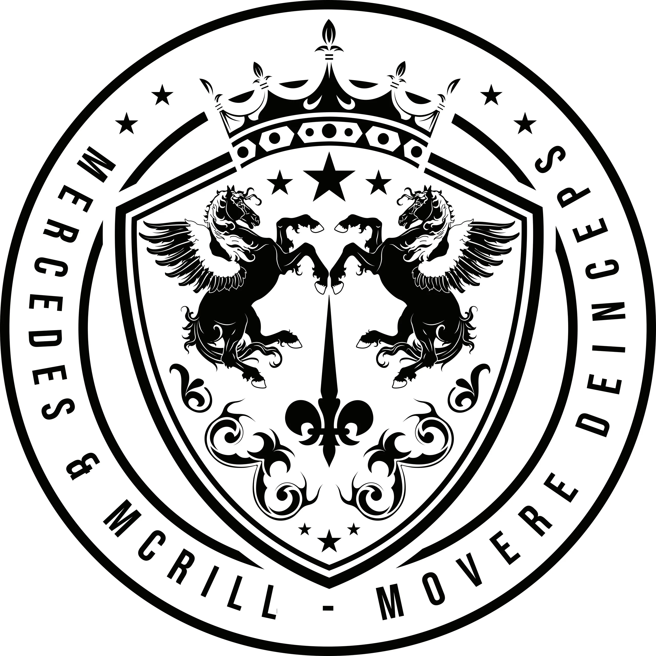 A circular black and white Mercedes & McRill crest with a crown and two winged creatures.