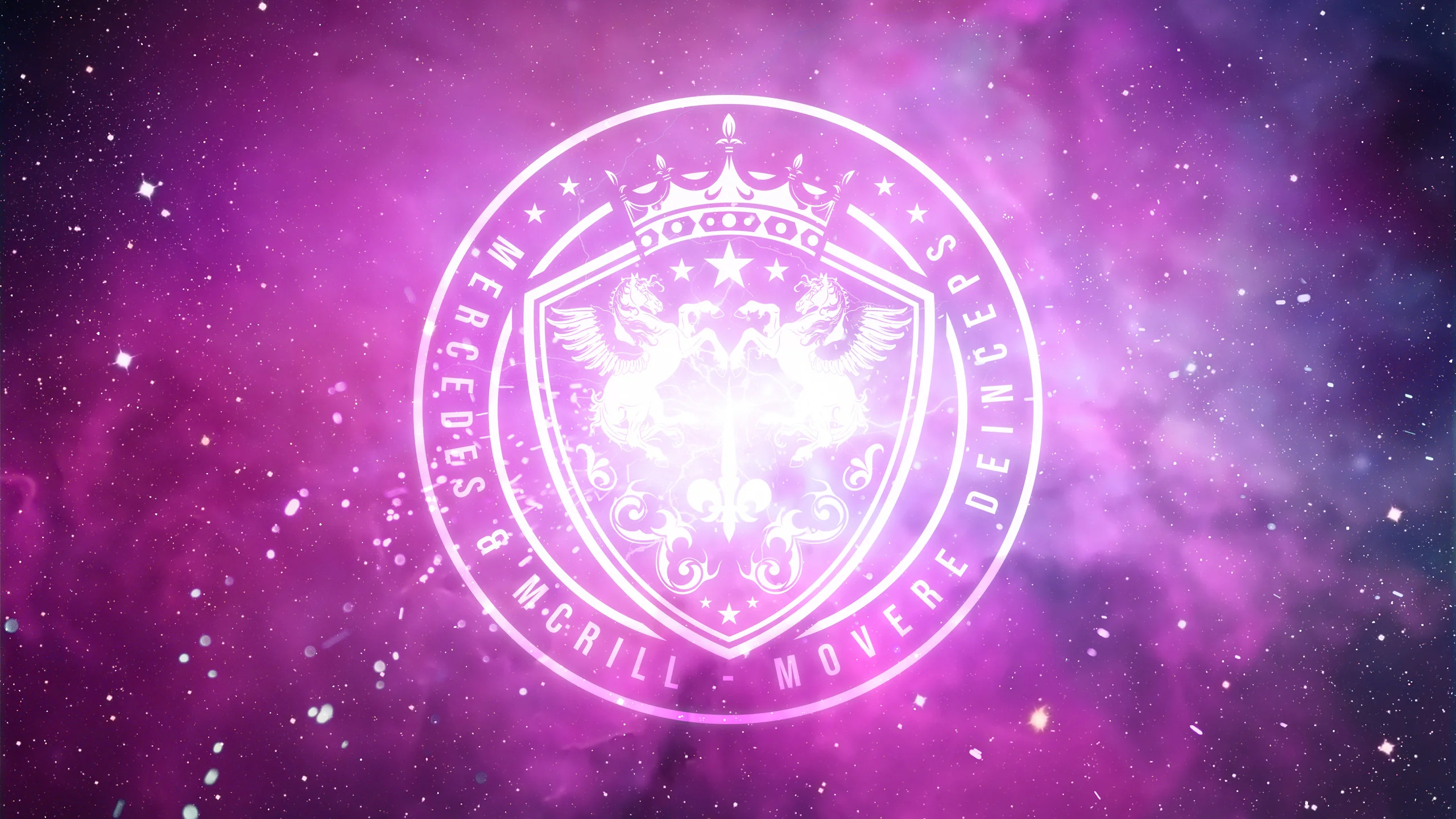 A glowing Mercedes & McRill crest against a purple star field.