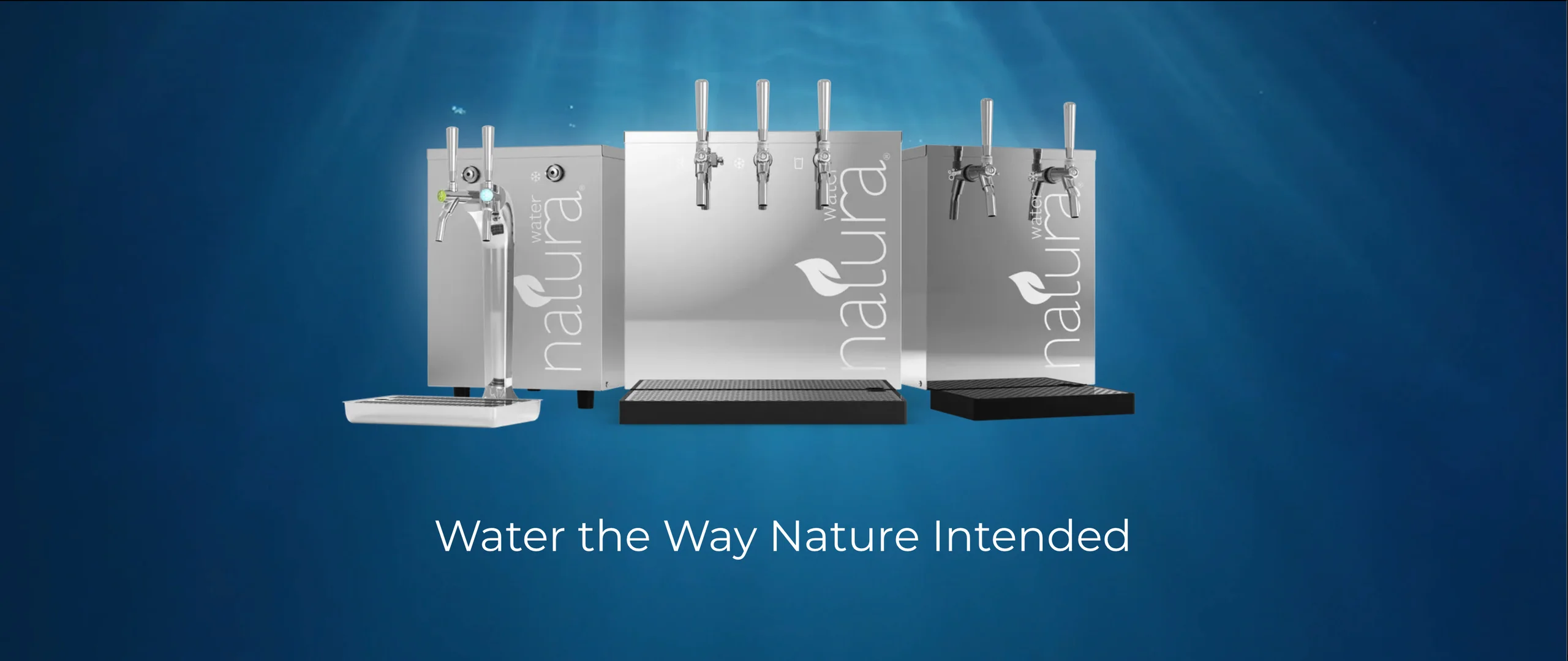 Natura Water dispensers presented on a blue branded banner.