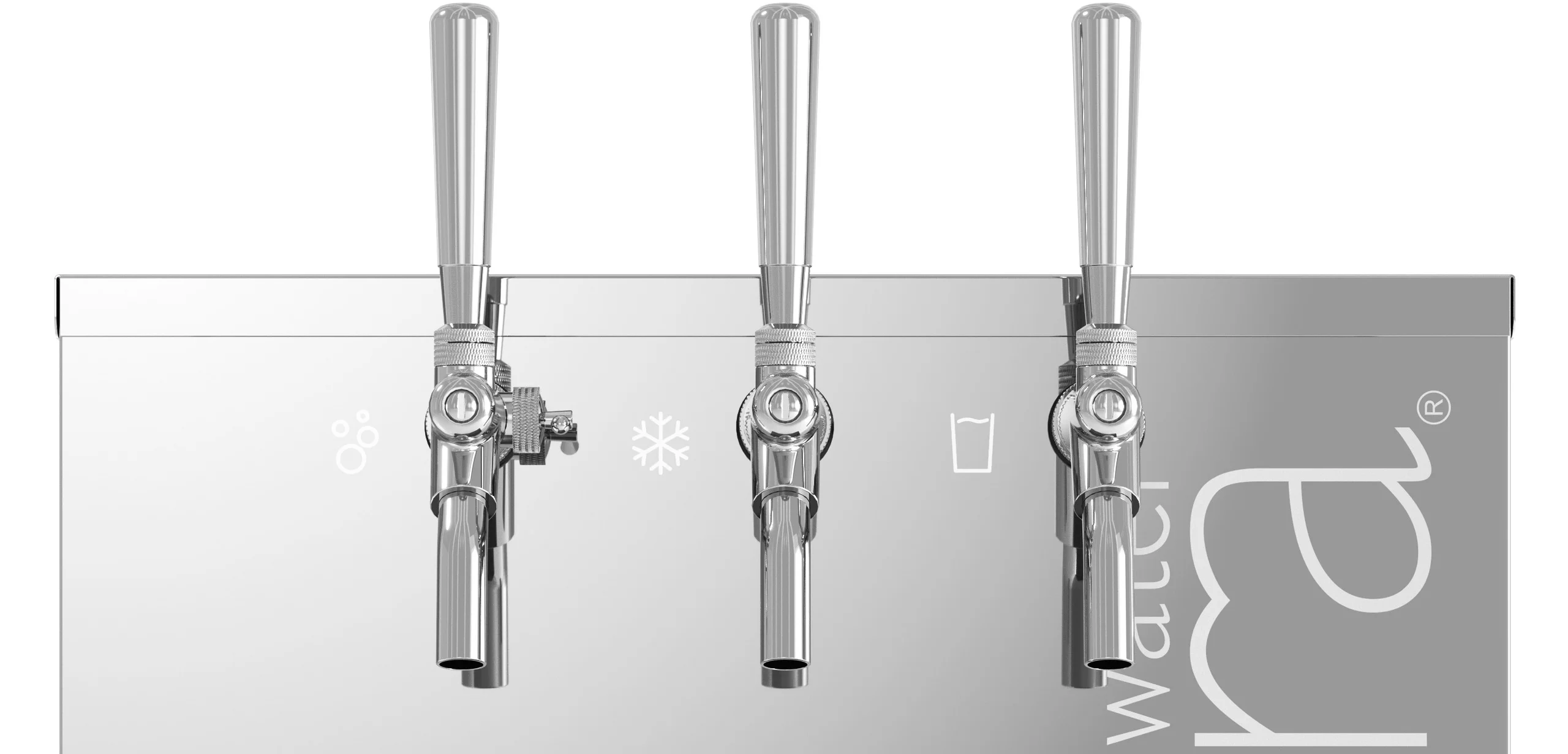 A close product view of three chrome taps on a Natura Water dispenser.