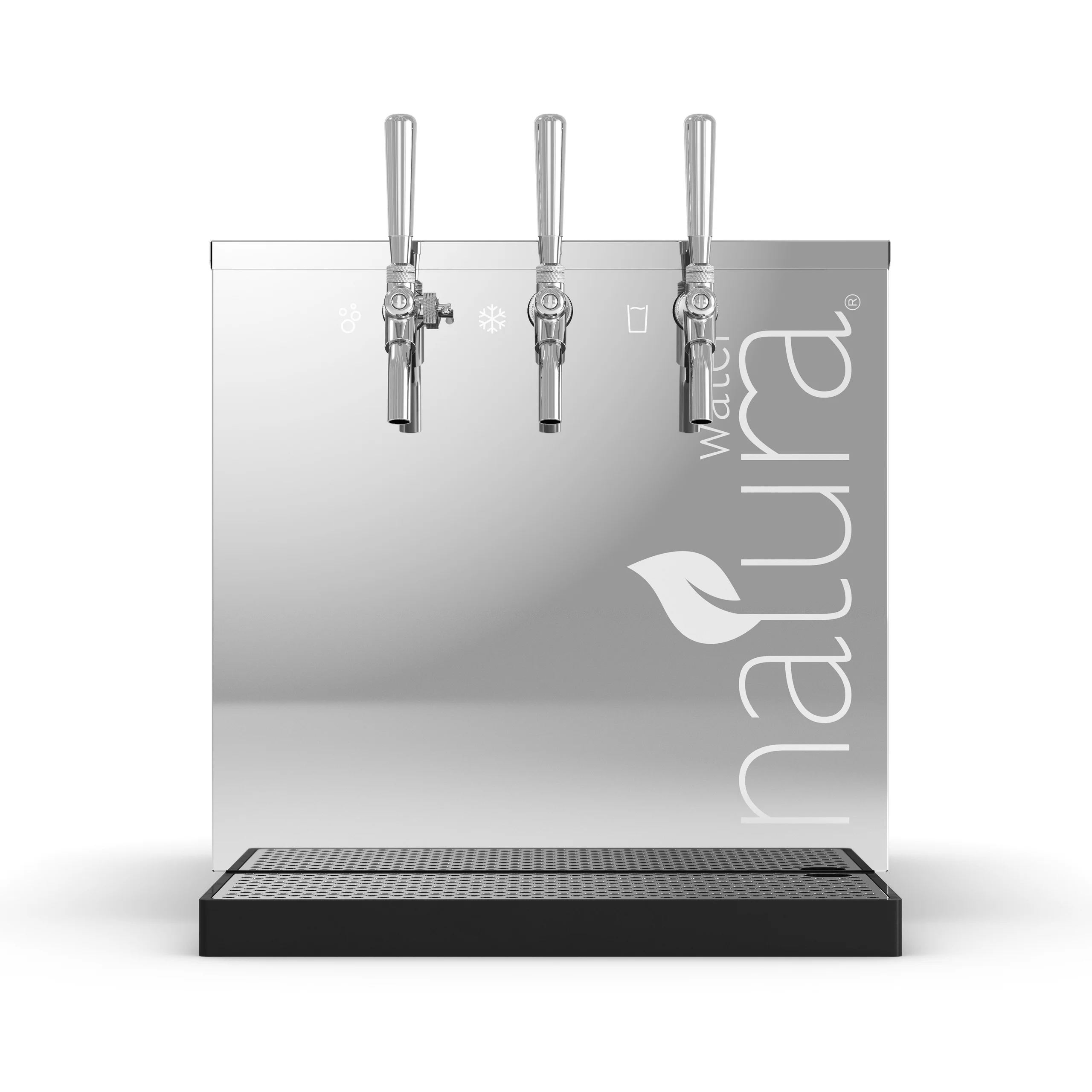 A three-tap Natura Water dispenser against white.