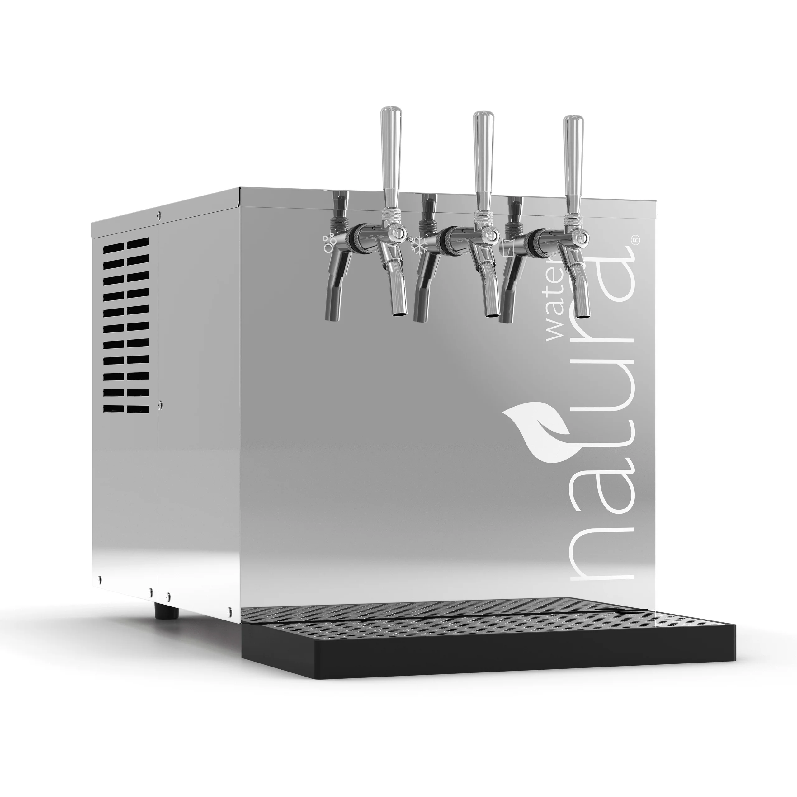 An angled product view of a three-tap Natura Water dispenser.