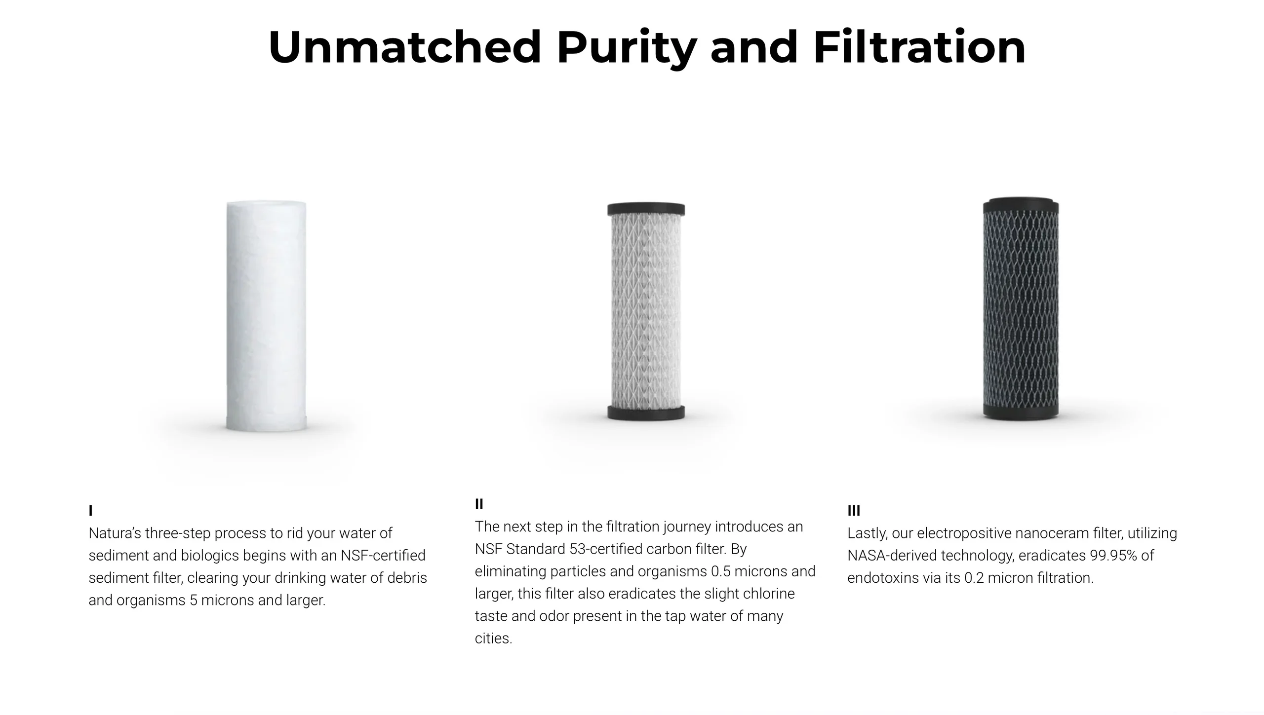 A Natura Water presentation describing three filtration stages.