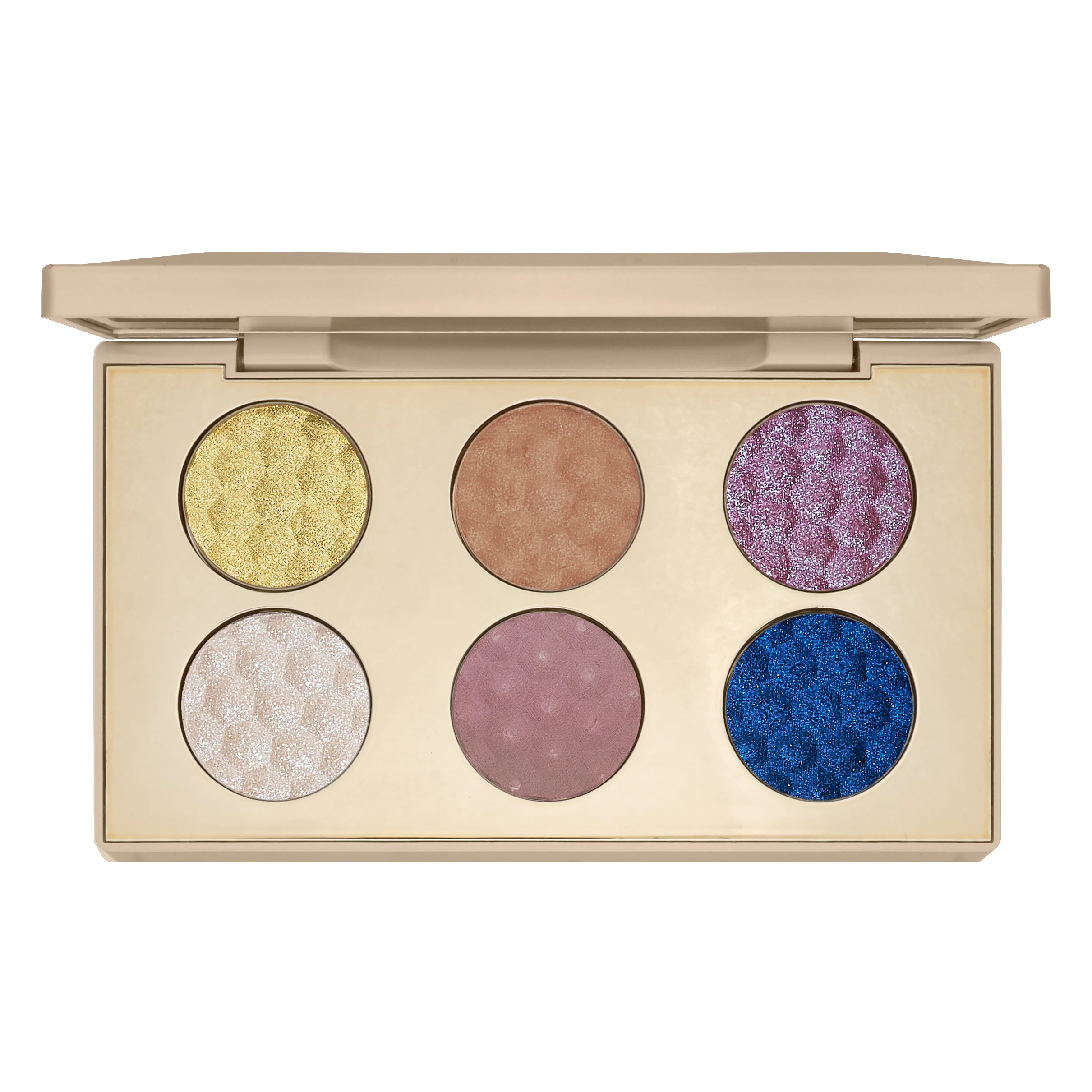 An open gold Stila eye palette with six colorful shades against white.