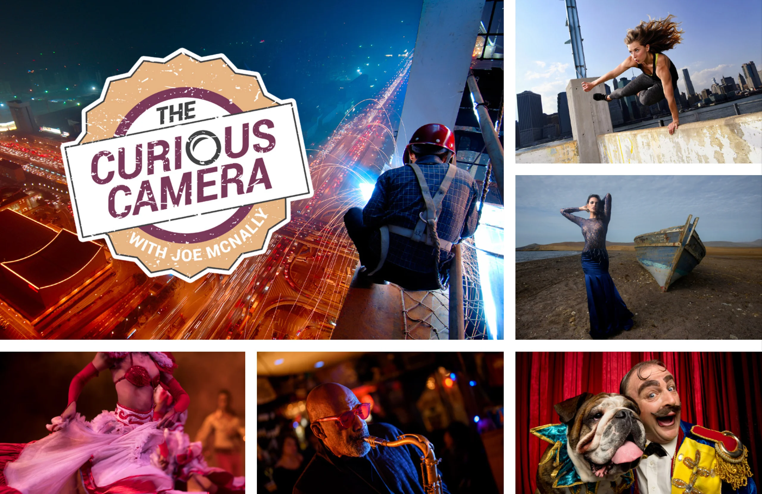 The Curious Camera with Joe McNally title and a collage of documentary photographs.