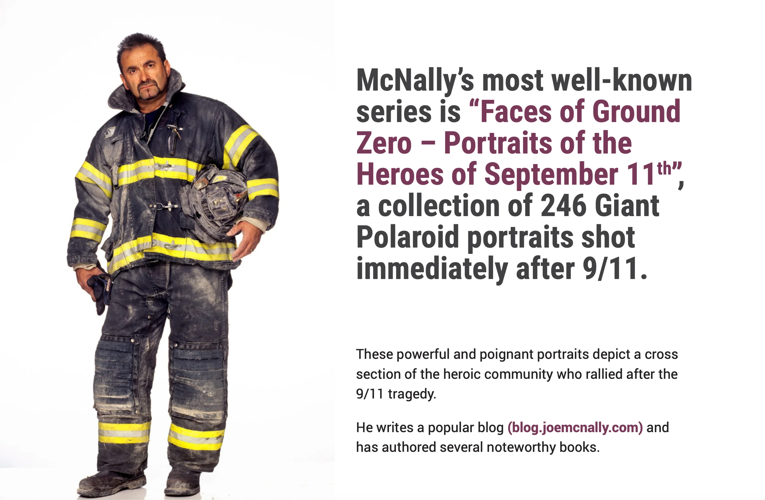 A Curious Camera presentation spread with a firefighter portrait and text about Faces of Ground Zero.