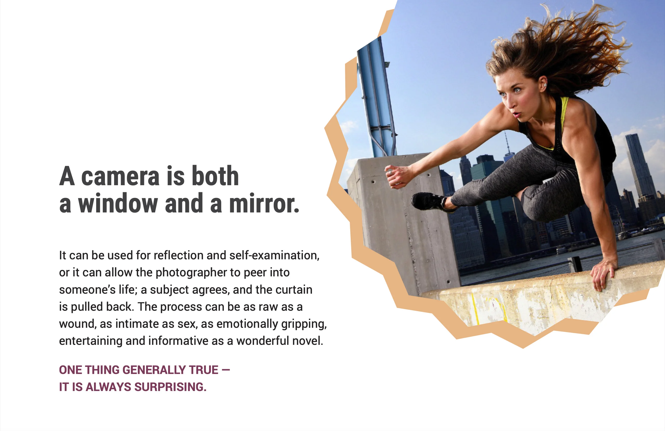 A Curious Camera presentation spread with a photograph of a woman balancing on a rooftop.