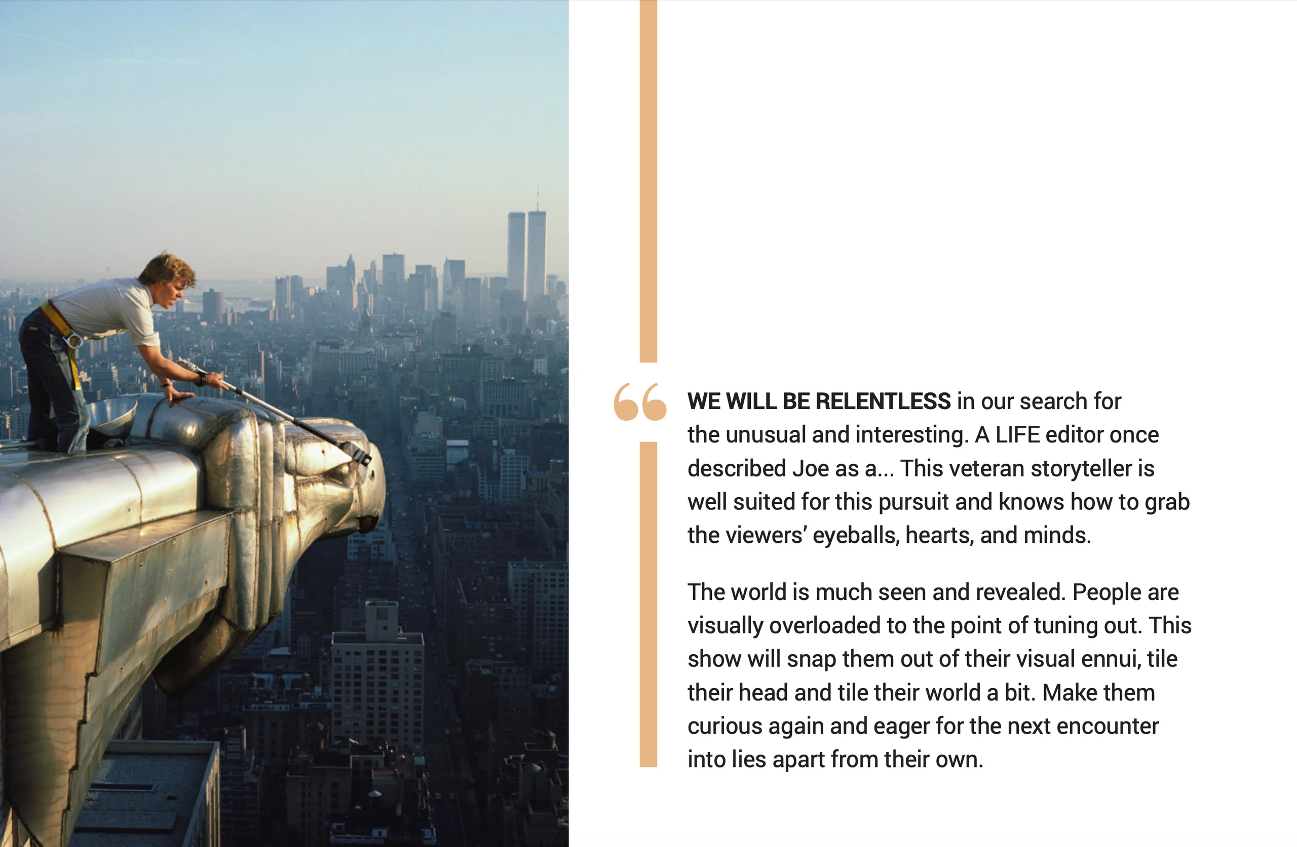 A Curious Camera presentation spread with a photographer above the city skyline.