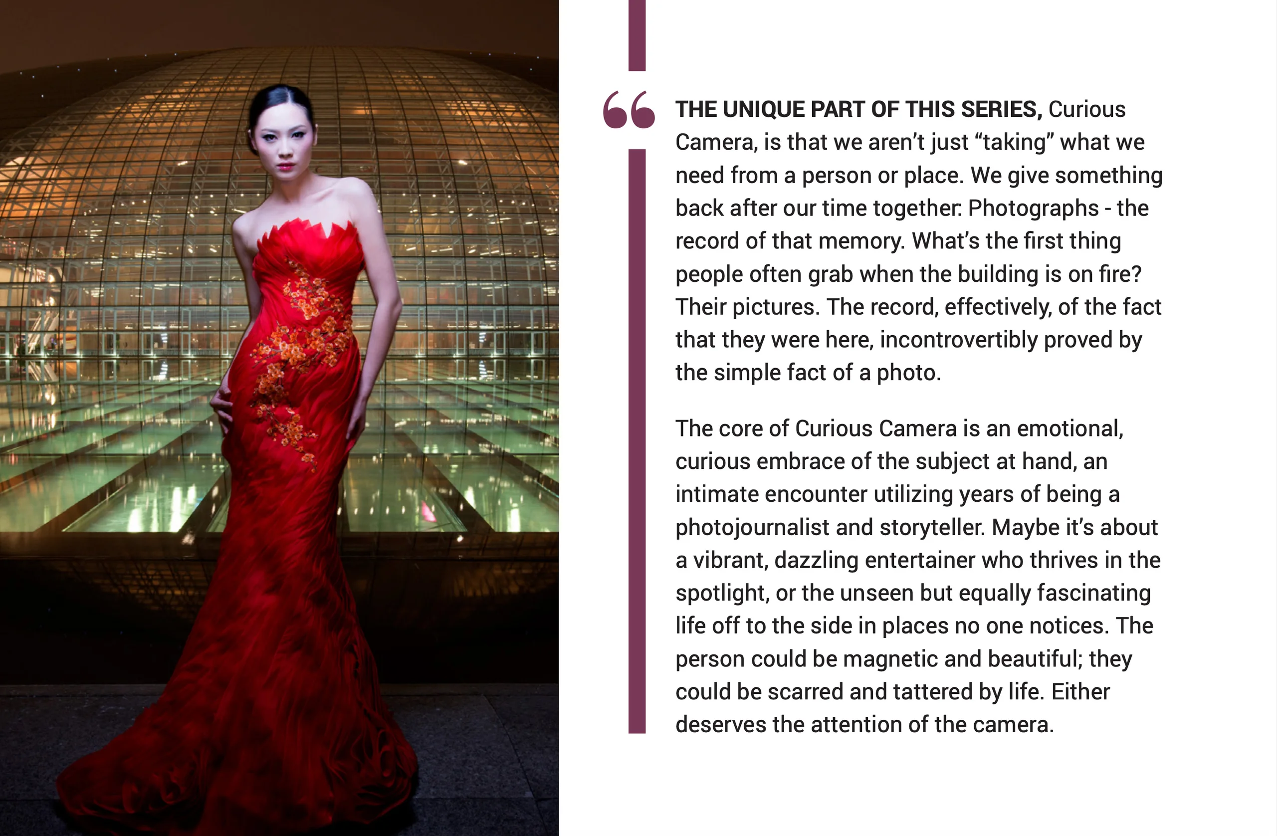 A Curious Camera presentation spread with a woman in a red dress and the series concept text.