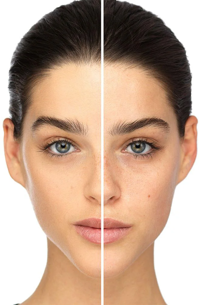 A front-facing beauty portrait divided vertically for a side-by-side comparison.