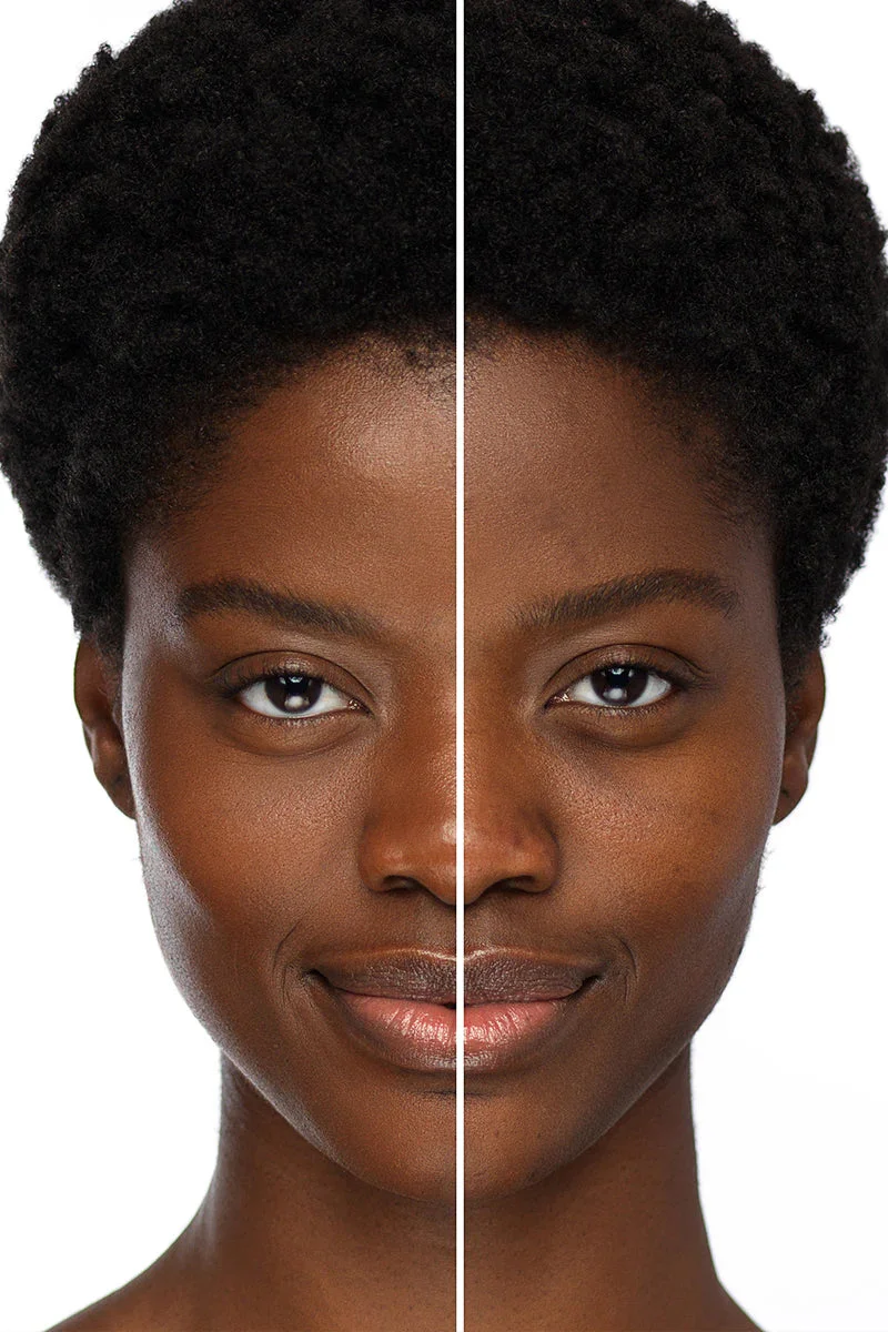 A second front-facing beauty portrait divided vertically for a side-by-side comparison.