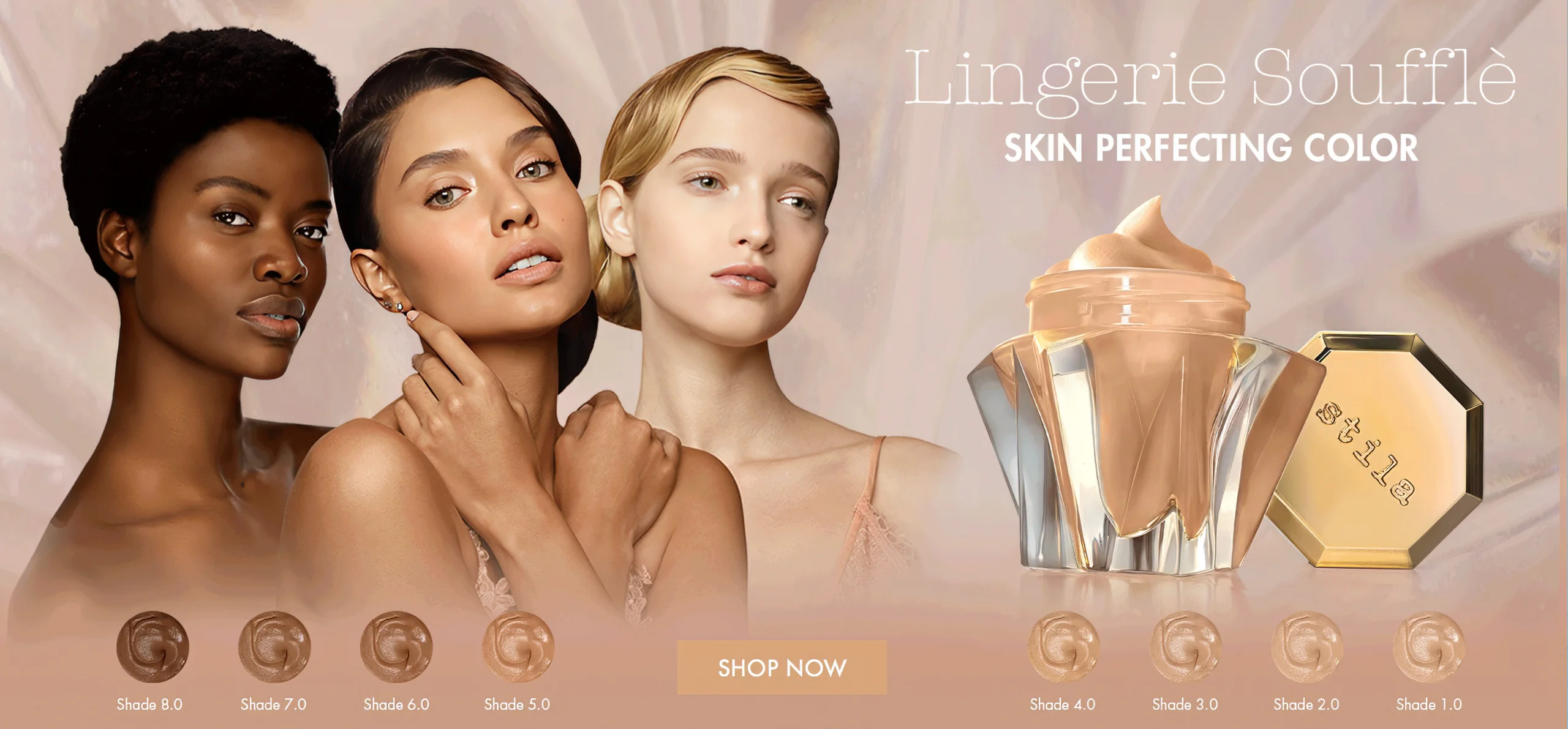 A second Stila Lingerie Soufflé banner combining three beauty portraits and product imagery.
